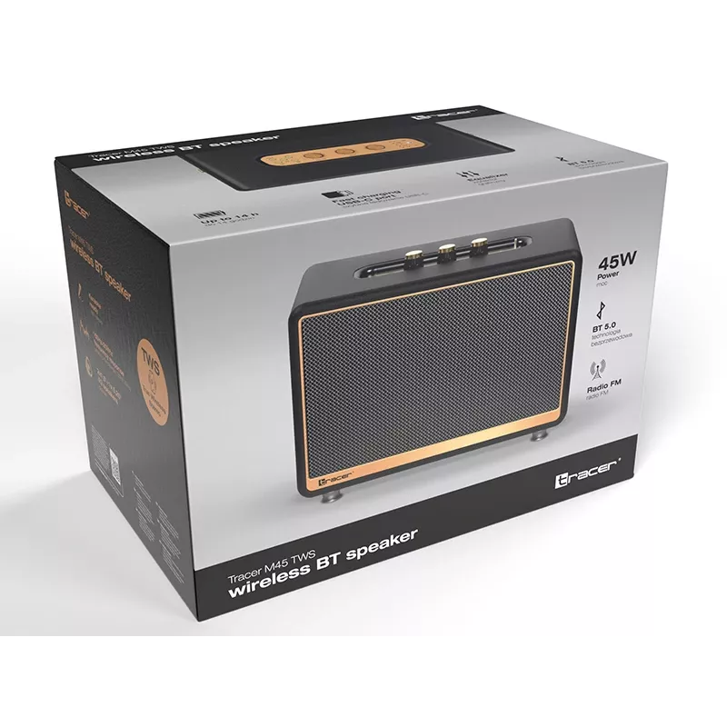 Nešiojamasis stereofoninis garsiakalbis TRACER M45 juodas — Bluetooth 5.0, 45 W RMS, FM radijas, įmontuotas mikrofonas, maitinamas baterijomis
