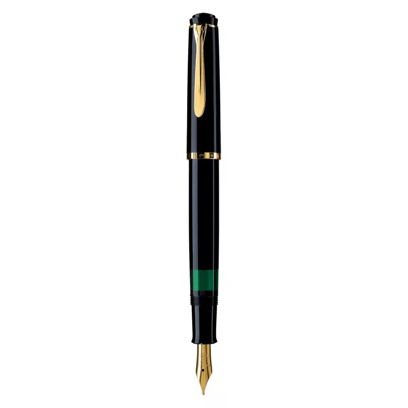 Pelikan M200, juoda, auksinė, integruota pildymo sistema, derva, auksinis, kursyvinis plunksnagalis, auksinis, nerūdijantis plienas