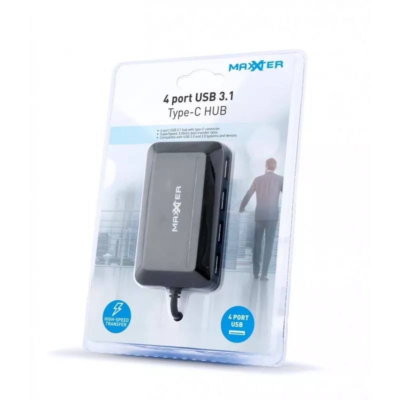 USB šakotuvas GEMBIRD ACT-HUB3C-4P — USB 3.2 Gen 1 Type-A priegloba prie 4 × USB 3.2 Gen 1 Type-C, 5000 Mbit/s, juodas