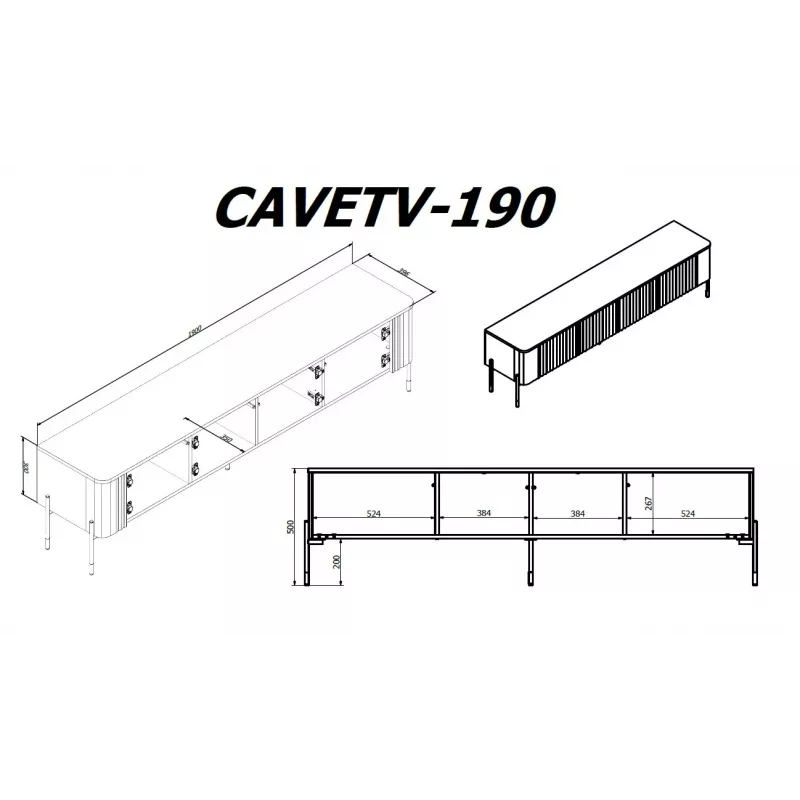 TV spintelė cama meble VERA 190x40x50 cm — matinio juodo viršaus ir rėmo