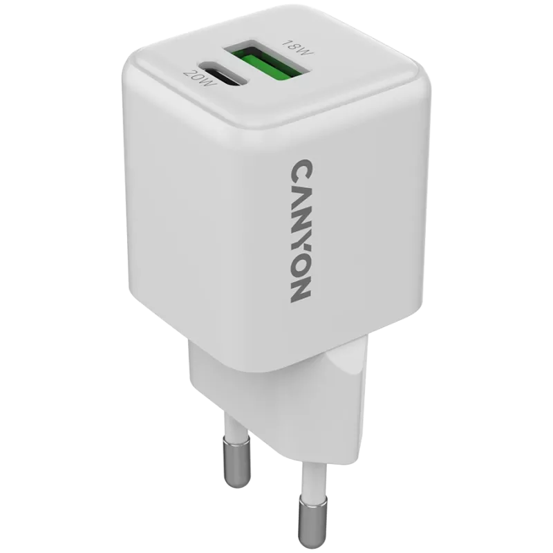 Canyon Charger CU20AC GaN 20W PD, 2 prievadai (USB-A/USB-C) WH mažmeninė prekyba (CNS-CUW20AC)