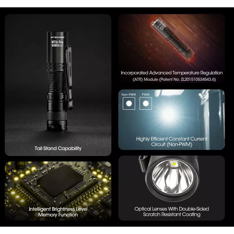 Rankinis žibintuvėlis Nitecore MT1A Pro — LED 50 lm, USB įkraunamas, 1100 mAh, aliuminis, atsparus vandeniui, atsparus smūgiams, juodas