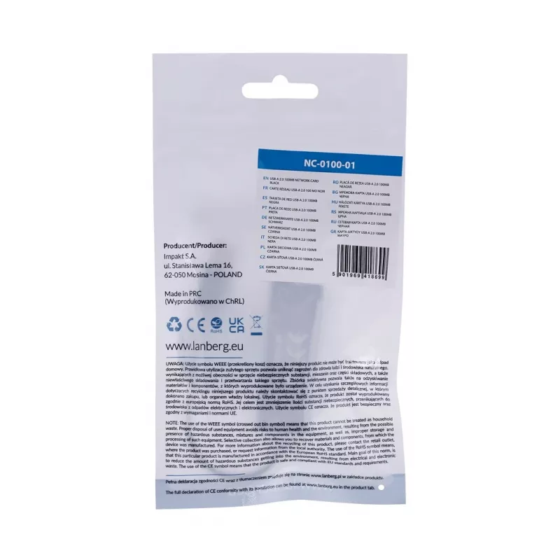 Tinklo sąsajos plokštė LANBERG NC-0100-01 USB 10 Gbit/s, karštas keitimas, kabelis 0,15 m, juoda