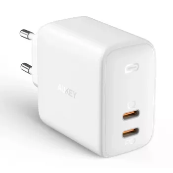 Sieninis įkroviklis Aukey PA-B4 2x USB baltas GaN – kompaktiškas USB maitinimo adapteris su dviem USB prievadais