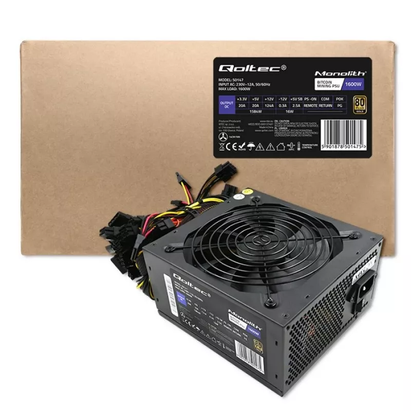 Maitinimo blokas QOLTEC Gaming Miner 1600W Gold, 1600 W, ATX, auksinis efektyvumas