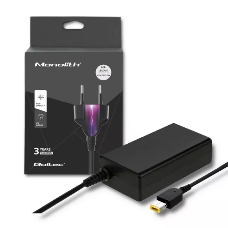 Maitinimo adapteris QOLTEC 51556 vidaus 65W Lenovo nešiojamiesiems kompiuteriams, 20V 3.25A, juodas