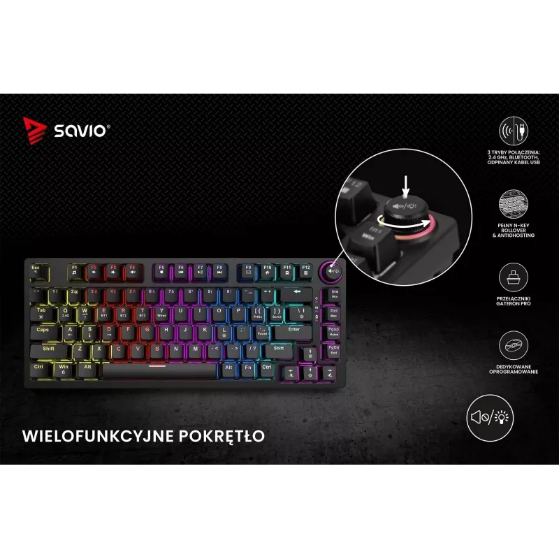 Savio Phenix SAVGK-RED klaviatūra, skirta žaidimams, USB, RF belaidė, Bluetooth, QWERTY