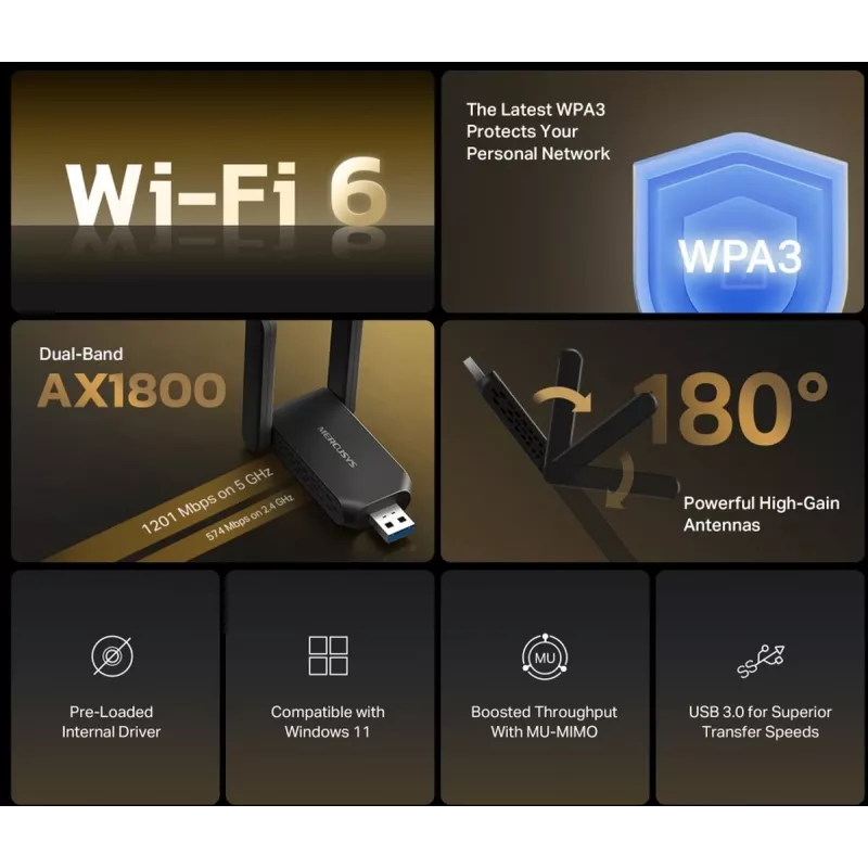 „Wi‑Fi“ USB adapteris MERCUSYS MA72XH AX1800 su didelio stiprinimo antenomis, USB-A „Plug‑and‑Play“