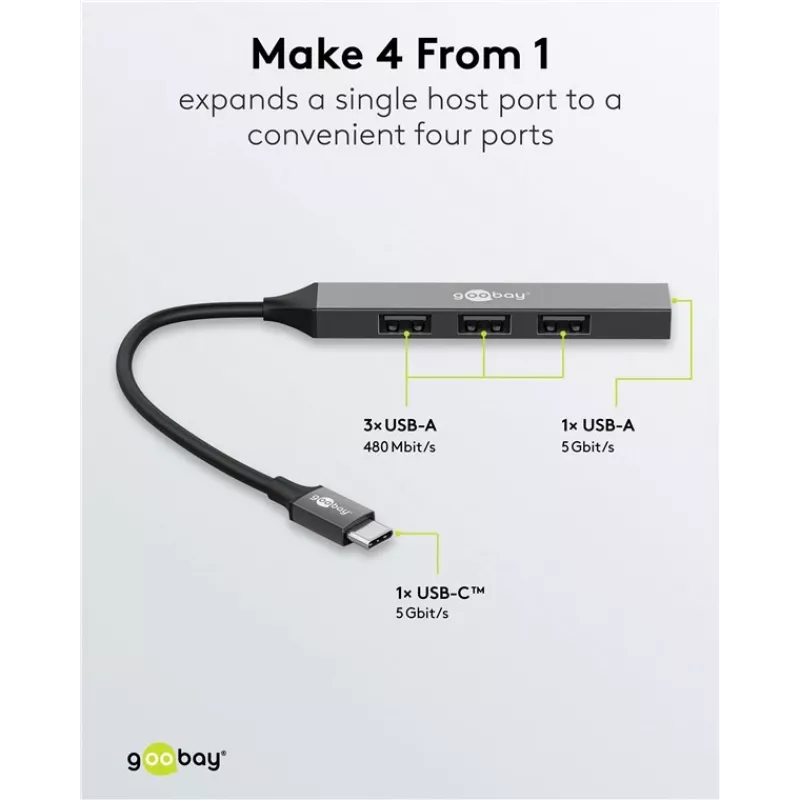 Goobay Slim 4-Port USB-Hub, USB-C™ į USB-A, USB 3.2 (74457)