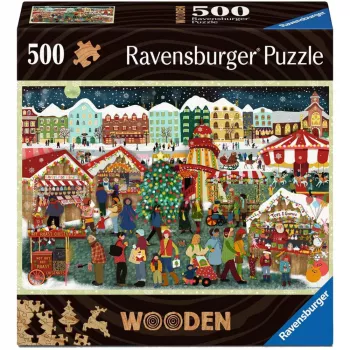 Dėlionė Ravensburger Wooden Puzzle Kalėdų turgus — 500 dalių, medinės detalės