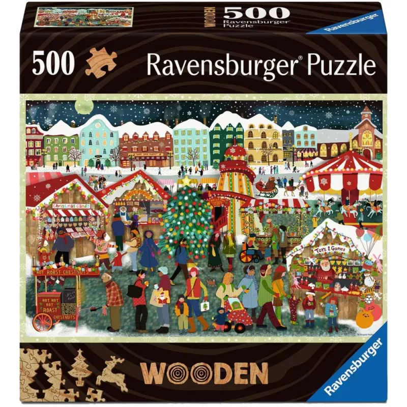 Dėlionė Ravensburger Wooden Puzzle Kalėdų turgus — 500 dalių, medinės detalės