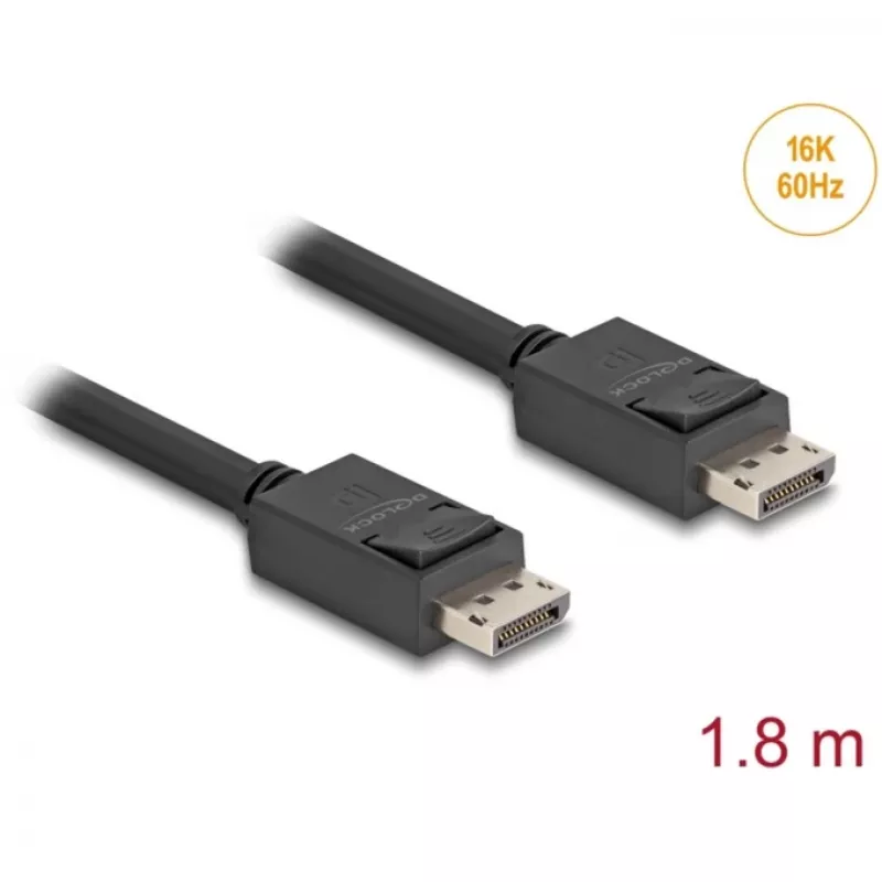 Delock - DisplayPort kabelis - DisplayPort (M) su fiksatoriumi į DisplayPort (M) su fiksatoriumi - DisplayPort 2.1 - 1,8 m - Palaiko 16K 60 Hz (15 360 x 8640), iki 80 Gbps duomenų perdavimo