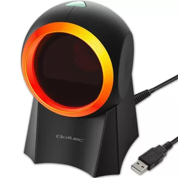 Laidinis stalinis brūkšninių kodų skaitytuvas QOLTEC 50857 — 1D/2D, USB, ABS korpusas, juodas, 1,75 m laidas