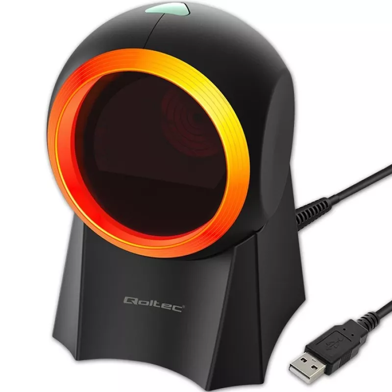 Laidinis stalinis brūkšninių kodų skaitytuvas QOLTEC 50857 — 1D/2D, USB, ABS korpusas, juodas, 1,75 m laidas