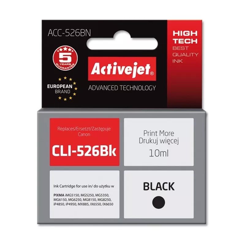 Activejet ACC-526BN rašalas (pakaitalas Canon CLI-526Bk; Supreme; 10 ml; juodas)