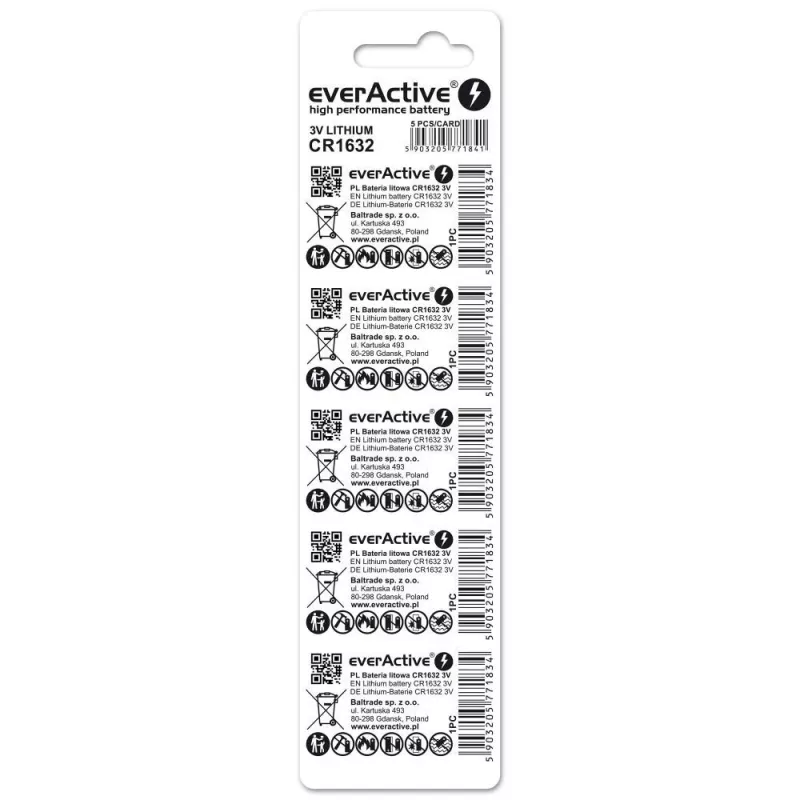 Baterija everActive CR1632 ličio vienkartinė moneta 3 V — 5 vnt., 16 mm × 3,2 mm