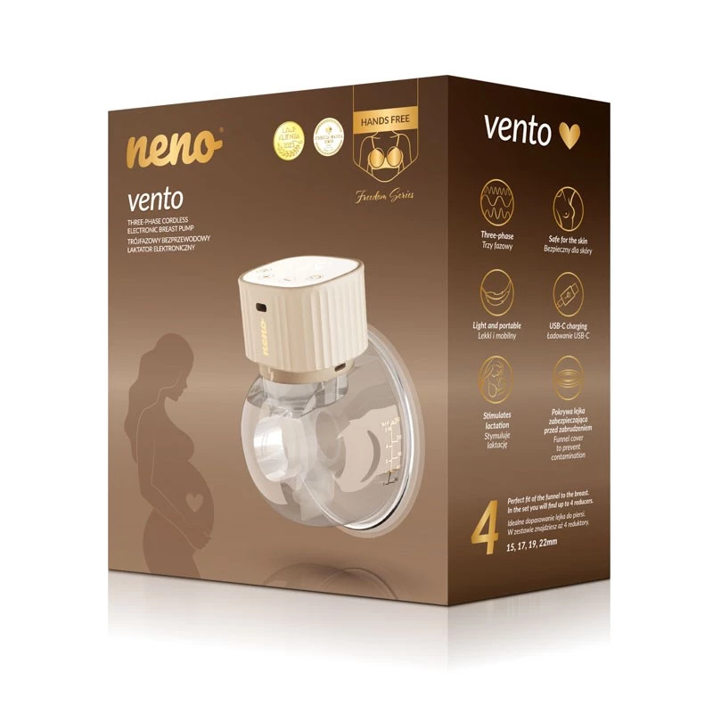 Elektroninis belaidis krūties siurblys neno VENTO Three-Phase, įkraunamas, nešiojamas, LCD ekranas, 150 ml buteliukas, be BPA, smėlio spalvos