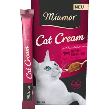 Šlapias kačių skanėstas Miamor MIAMOR Cat Cream Beef 5×15 g — pastos tūbelės, 6×15 g, suaugusioms katėms, drėgmė 87%