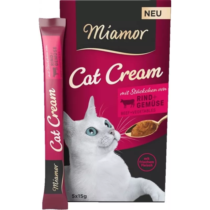 Šlapias kačių skanėstas Miamor MIAMOR Cat Cream Beef 5×15 g — pastos tūbelės, 6×15 g, suaugusioms katėms, drėgmė 87%