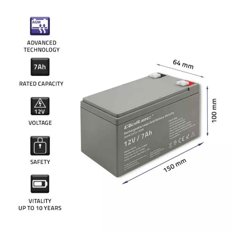 Qoltec 53076 AGM akumuliatorius | 12V | 7Ah | Apsaugos sistemos