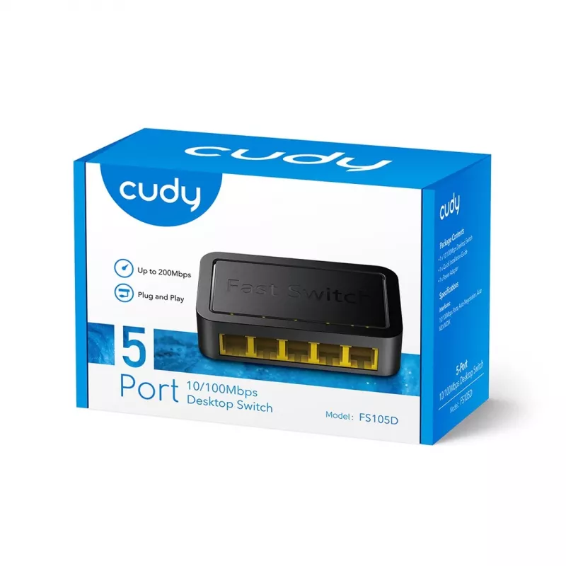 Tinklo komutatorius Cudy FS105D — 5 prievadų „Fast Ethernet“ 10/100, 1 Gbit/s komutavimas, juodas
