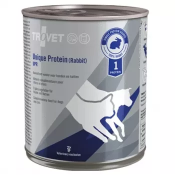 Šlapias maistas TROVET Unique Protein UPR Triušis 800 g — triušienos pagrindu sukurtas visavertis šlapias maistas suaugusioms katėms ir šunims, alergijos formulė, be glitimo ir sojos
