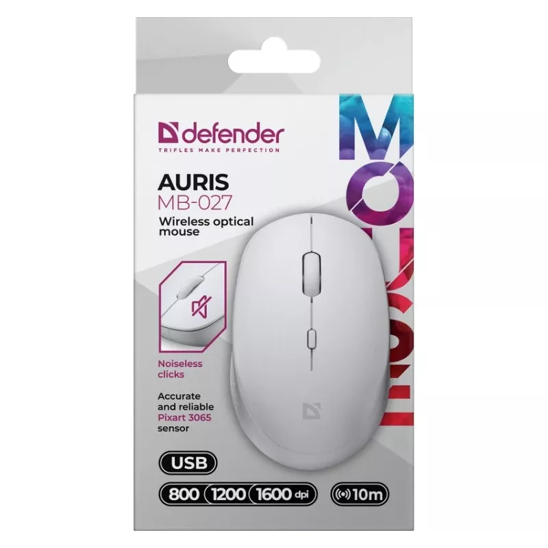Belaidė pelė su tyliu spustelėjimu AURIS MB-027 800/1200/1600 DPI balta