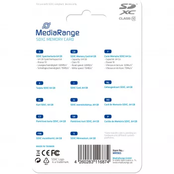 MediaRange - Flash atminties kortelė - 64GB - Class 10 - SDXC - Mėlyna (MR965)