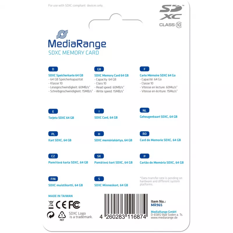 MediaRange - Flash atminties kortelė - 64GB - Class 10 - SDXC - Mėlyna (MR965)