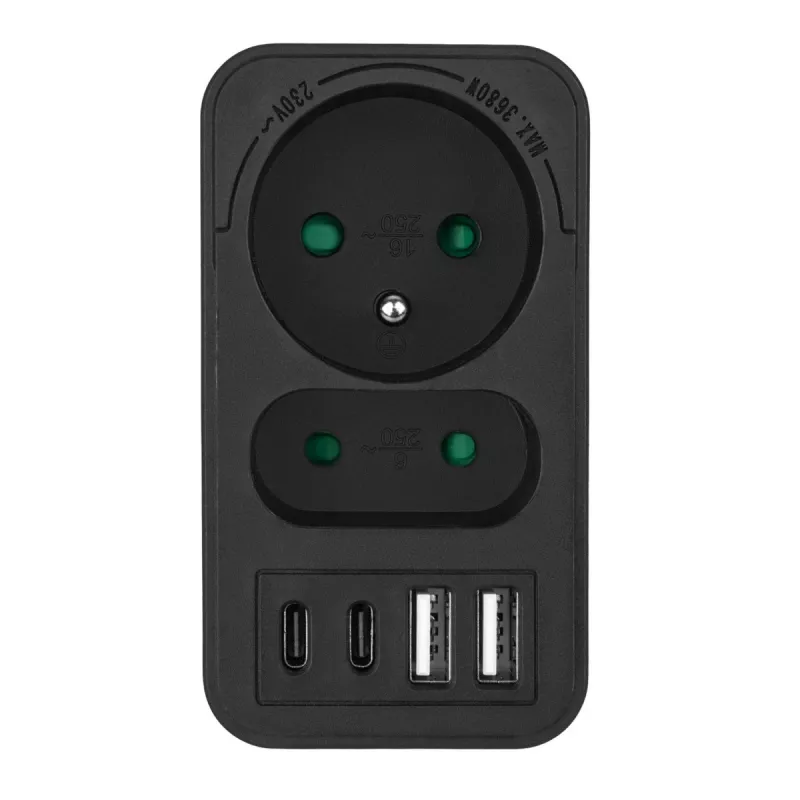 Maitinimo skirstytuvas MACLEAN MCE249 F/B — 2 kintamosios srovės lizdai (16A + 6A) su 2×USB-A ir 2×USB-C PD 20W, EU kištukas, juodas