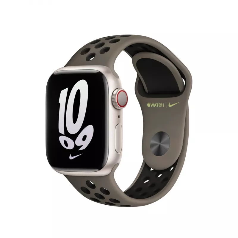 Dirželis Apple išmaniajam laikrodžiui, 41 mm, alyvuogių pilka / juoda, Nike Sport Band, fluoroelastomeras, riešui 130–200 mm