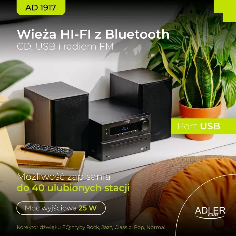 Mini Hi-Fi stereosistema Adler AD 1917 — Bluetooth V5.3, CD/USB/MP3, 2×25W RMS, FM imtuvas, 4 juostų ekvalaizeris, AUX, juoda