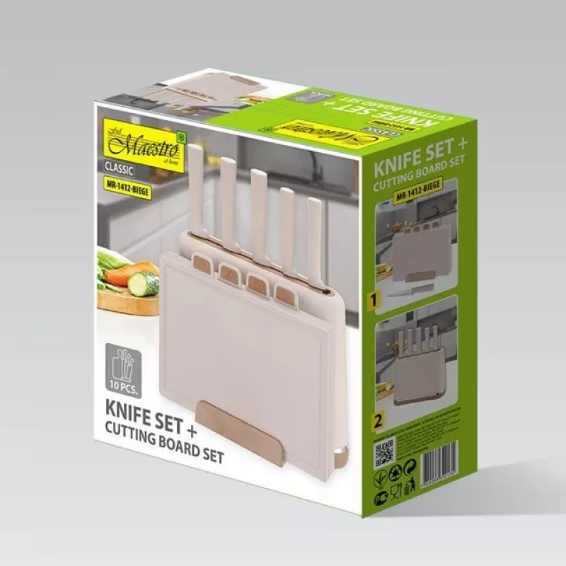 Maestro MR-1412-BEIGE peilių rinkinys su blokeliu + pjaustymo lentelių rinkinys, smėlinė