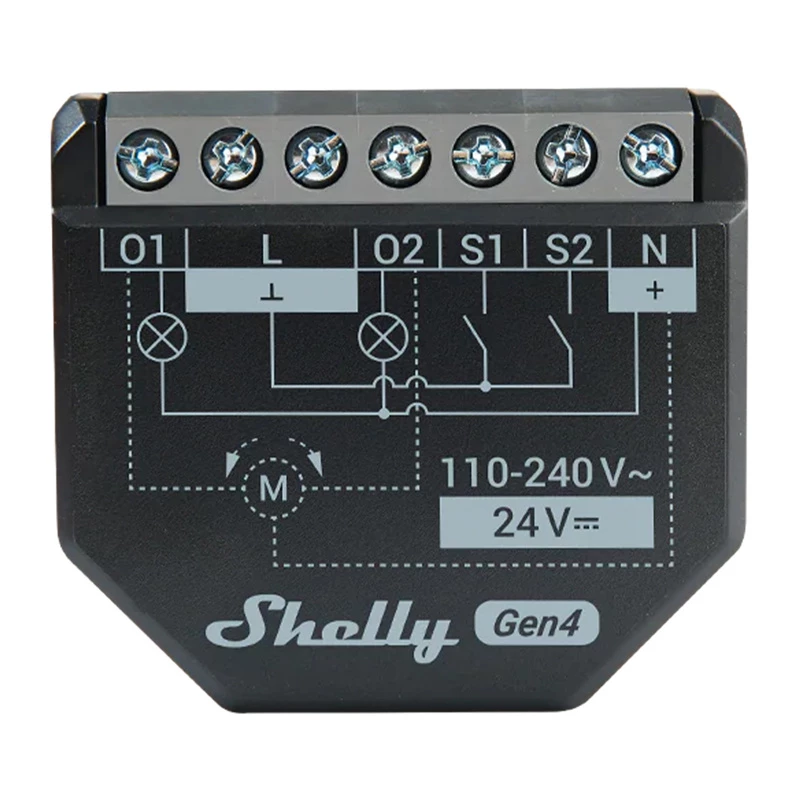 Shelly 2PM Gen4 roletų/žaliuzių pavara 2 kanalai, kintamoji srovė 110–240 V, 2,4 GHz „Wi‑Fi“, 1,4 W, 8000 KB „flash“ atmintis