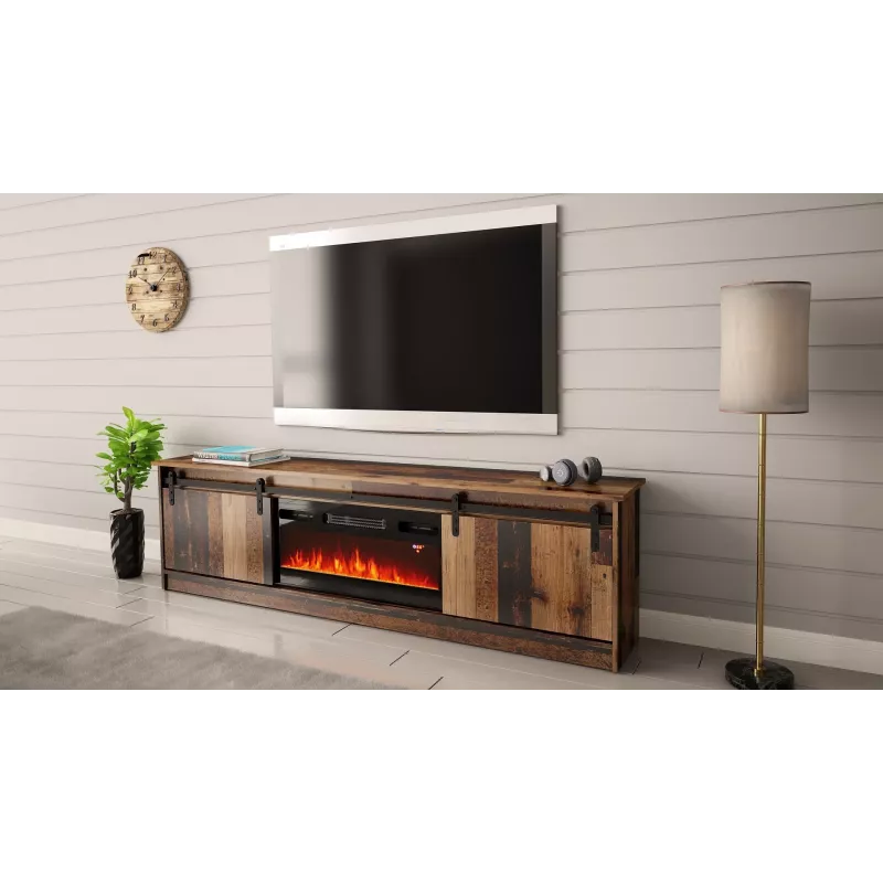 TV spintelė Cama Meble GRANERO su židinio spintele, 2000×567×350 mm, medžio drožlių plokštė / MDF, 2 stumdomos durys, sendinto medžio imitacijos matinis