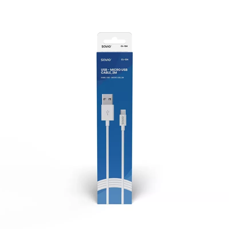 USB laidas SAVIO CL-124 USB 2.0, USB A į Mikro-USB B, 2 m, baltas
