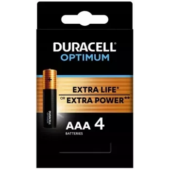 Duracell OPTIMUM AAA šarminės baterijos, pakuotėje 4 vnt. — ilgaamžė energija mažiems prietaisams
