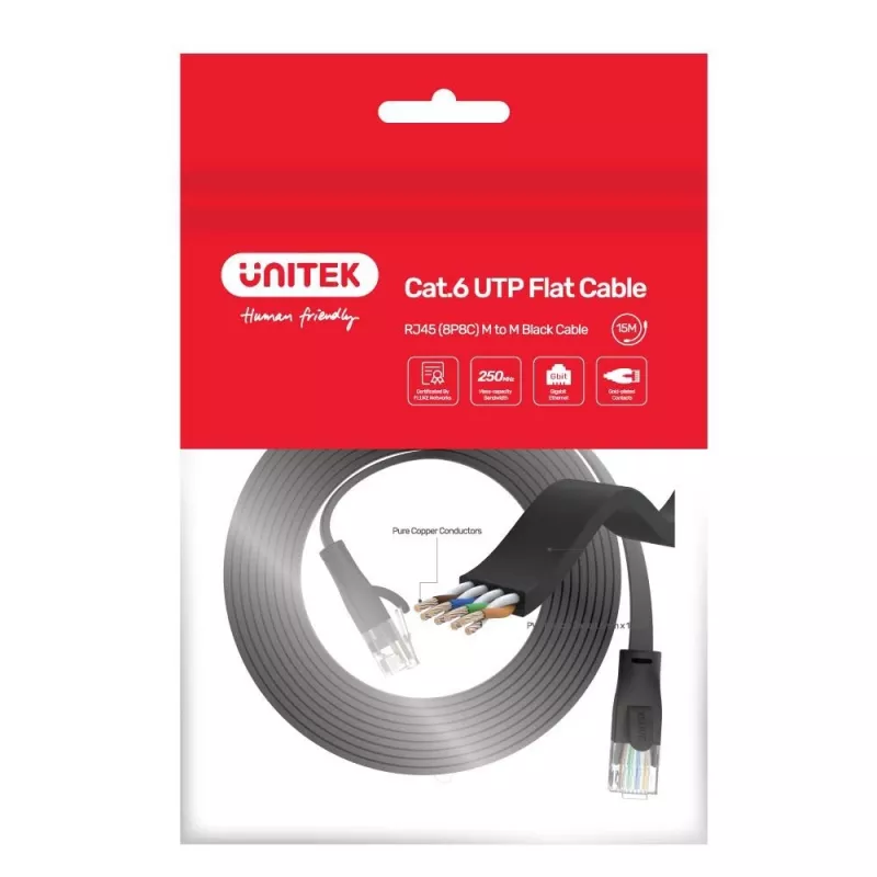 Ethernet laidas Unitek Cat6 UTP RJ45 3 m, Gigabit, 250 MHz, juodas, vientisas laidininkas, PVC apvalkalas