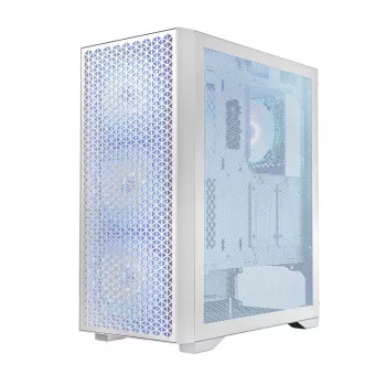 Kompiuterio korpusas LOGIC Dart Pro Midi ARGB baltas — Midi Tower, ATX, 456×200×385 mm, maks. GPU 34 cm, CPU aušintuvo aukštis 155 mm, 3x120mm priekyje + 1x120mm gale, USB 3.0 x2, USB-C x1