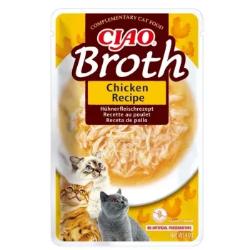 Šlapias kačių skanėstas INABA Ciao Broth Vištiena 40 g pakelis — mėsingas skystis, be grūdų, be glitimo ir be sojos