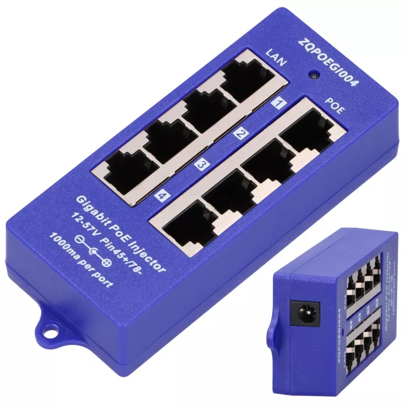 PoE injektorius Extralink Gigabit 4 prievadų, 4x 1000Mb/s RJ45, 48V, mėlynas/juodas
