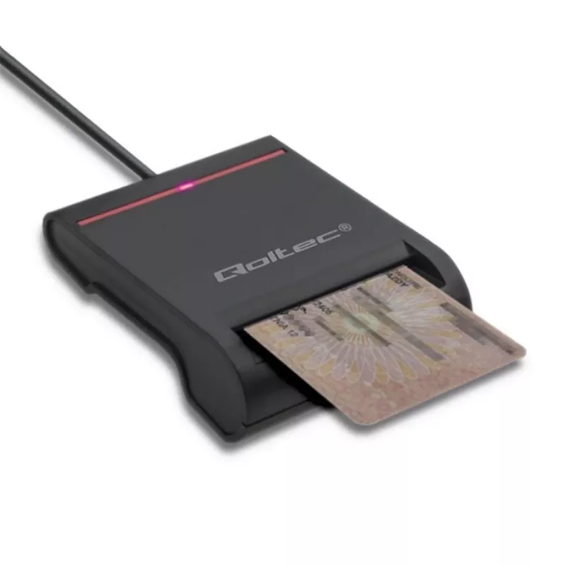 ID kortelių skaitytuvas QOLTEC Smart chip ID card scanner — USB, juodas, 84,5×65×16 mm, 63 g