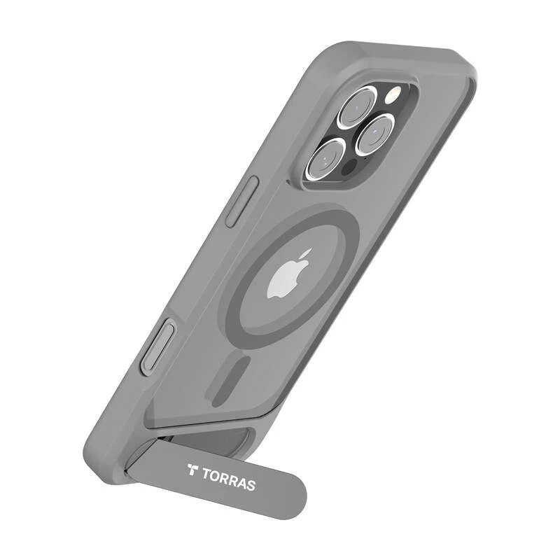 Apsauginis telefono dėklas Torras Pstand Series, skirtas iPhone 16 Pro Max, pilkas, plonas profilis su integruotu stovu