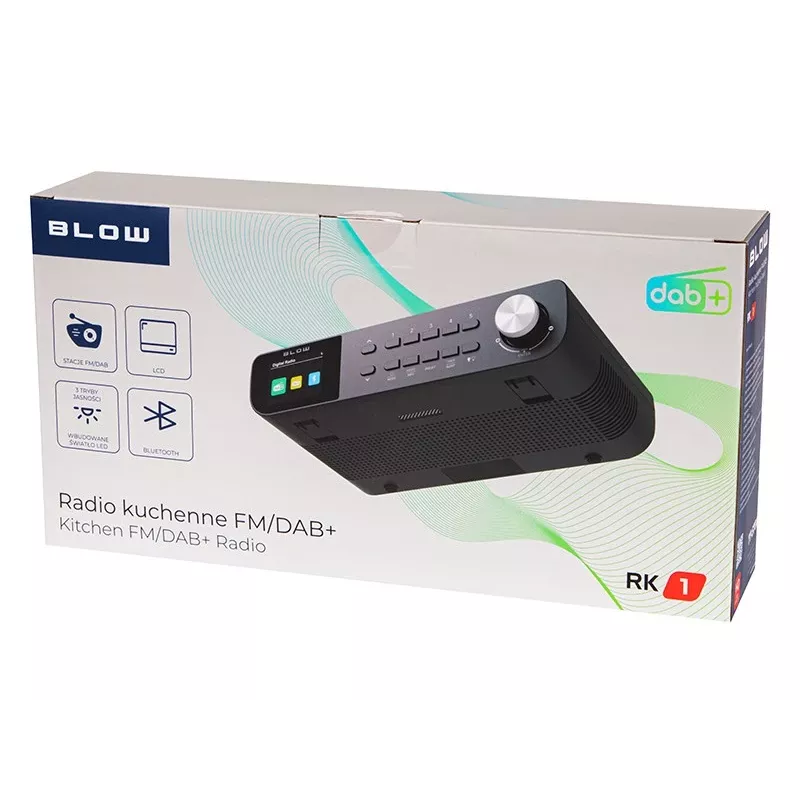 Nešiojamasis virtuvės FM/DAB+ radijas BLOW RK1 — kompaktiškas juodos spalvos, maitinamas baterijomis arba elektros tinklu