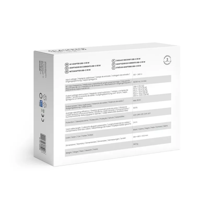 Vidinis kintamosios srovės įkroviklis SAVIO ZA-01, 65W USB‑C PD 3.0, 100–240V įvestis, vienas prievadas, juodas