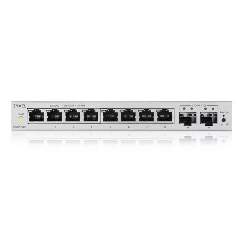 Valdomas L2 gigabito komutatorius Zyxel GS1200-10v3 — 8x Gigabit (10/100/1000), 20 Gbps, MAC 4000, stalinis, pilkas