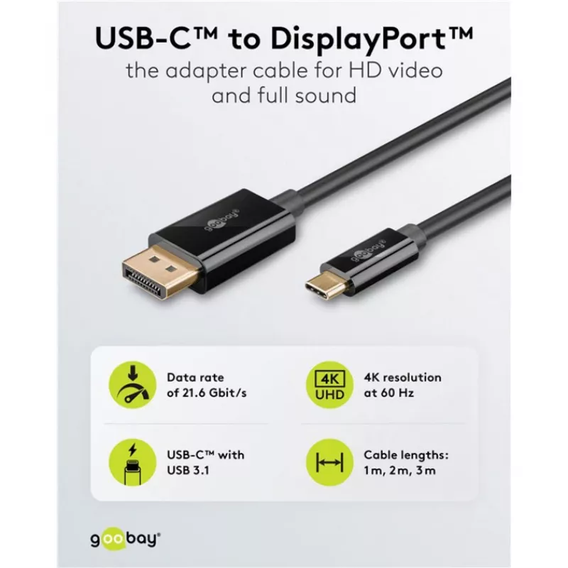 Goobay USB-C į DisplayPort kabelis - paauksuotos jungtys, Ultra HD raiška iki 4k @ 60Hz, C tipo Thunderbolt 3/4 į DP adapteris, suderinamas su