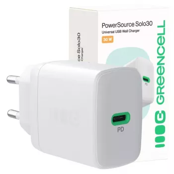 Maitinimo adapteris Green Cell PowerSource Solo30 30 W baltas — USB-C įkroviklis, 30 W išvestis