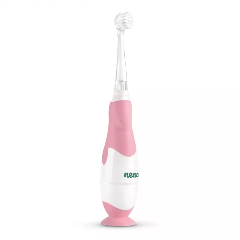 Elektrinis dantų šepetėlis vaikams neno Denti Pink — vibruojantis, minkšti šereliai, AAA baterija, 2 min. laikmatis