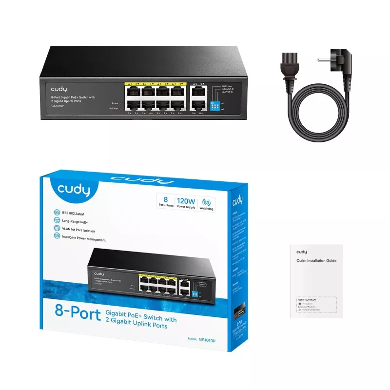 Cudy GS1010P tinklo komutatorius Gigabit Ethernet 10 prievadų PoE